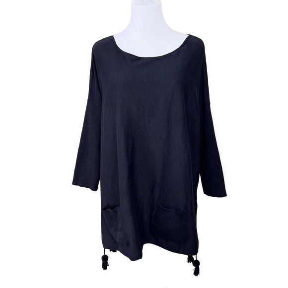Lilly Pulitzer Elba Black Tunic Sweater LARGE Pom Poms Coolmax Oversized Boho - Picture 1 of 10